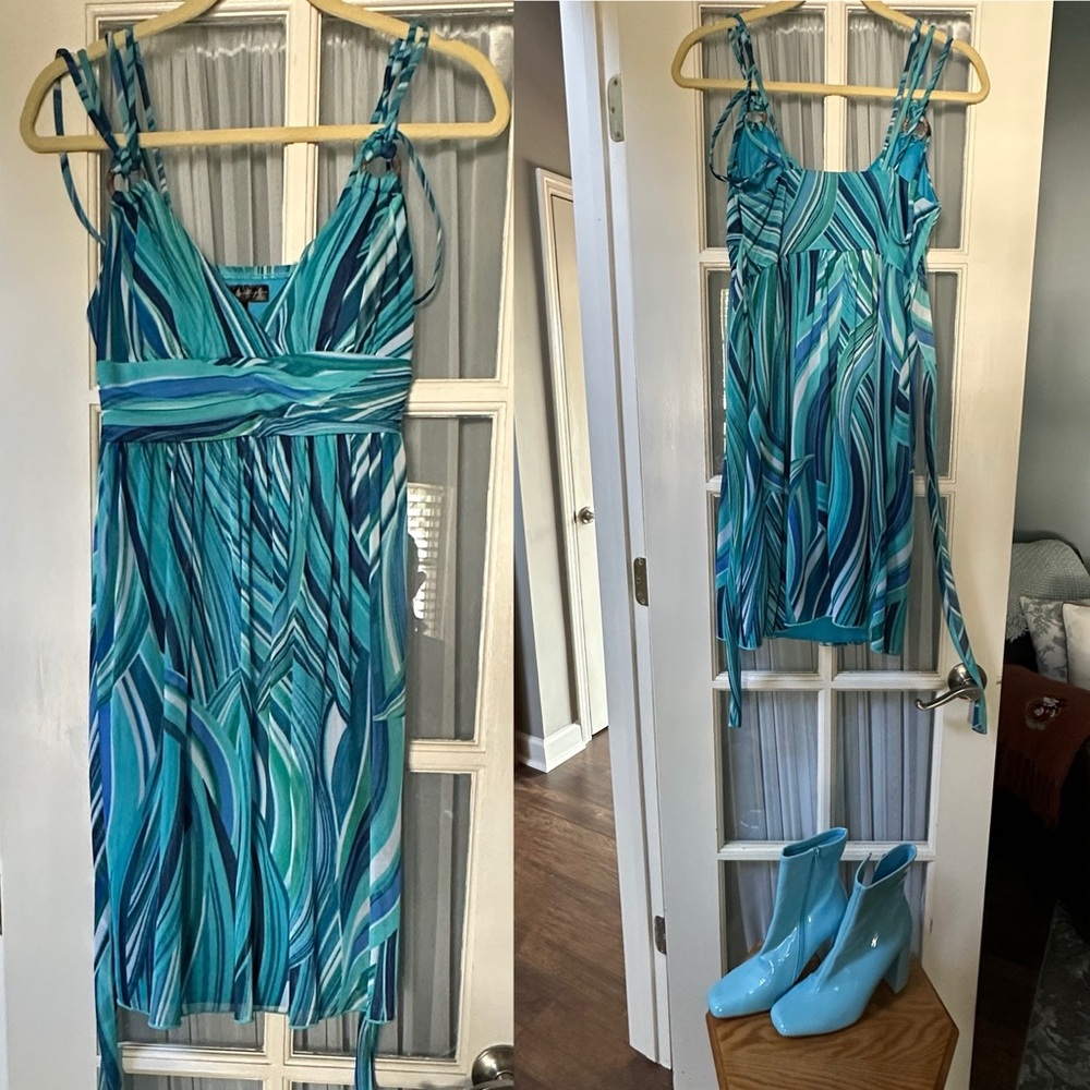 City Triangles Teal & Blue Swirl Midi Dress Y2K retro 13 going on 30 millennial - Picture 3 of 16